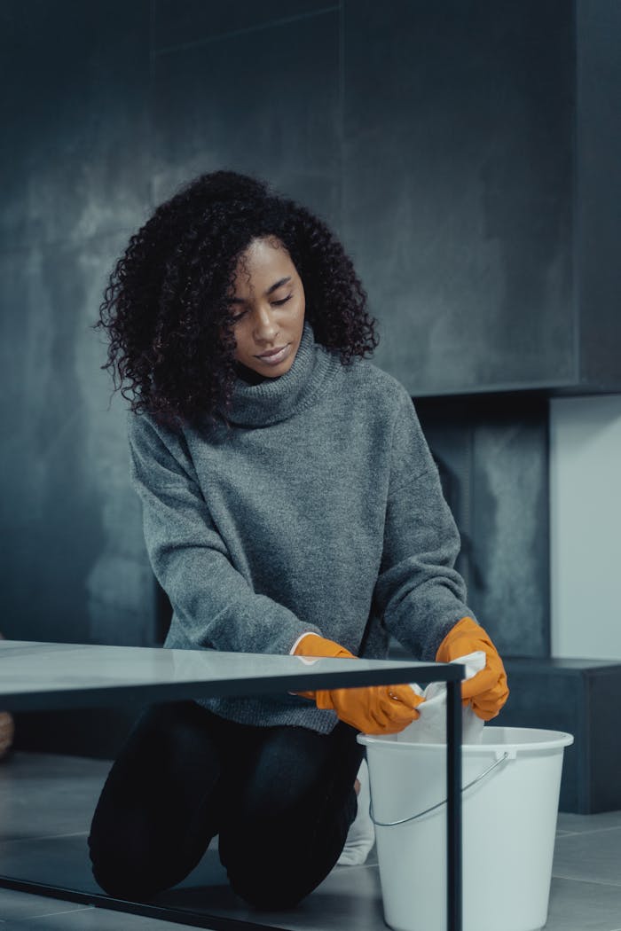 services-02 African American woman in gray sweater cleaning with a pail and gloves at home.